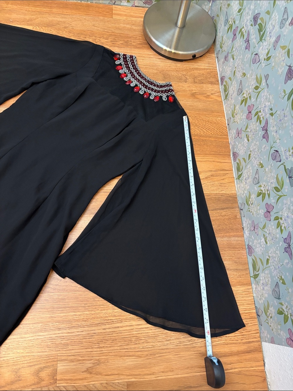 Elegant black long bell sleeve maxi dress with jeweled neckline. Size S. - Picture 14 of 17